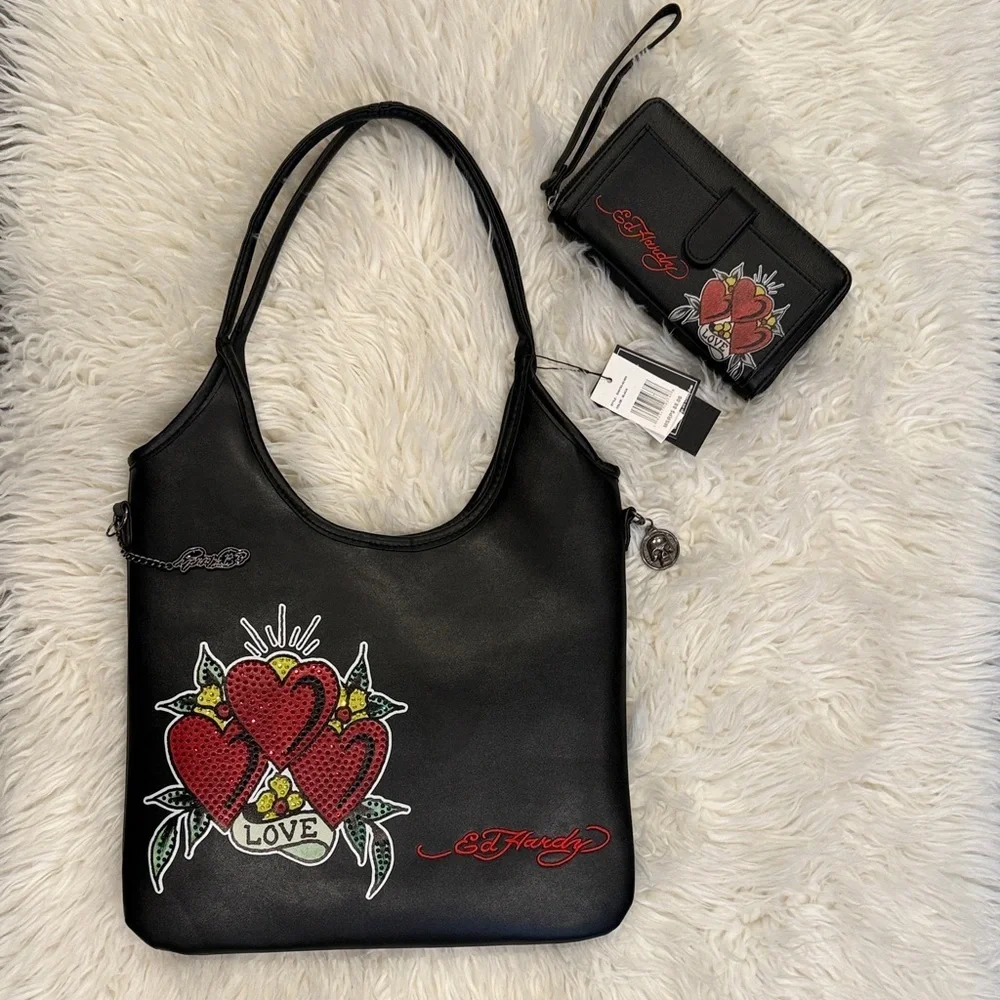 NWT Ed Hardy Black Shoulder Bag and Wallet with Red Heart Motif